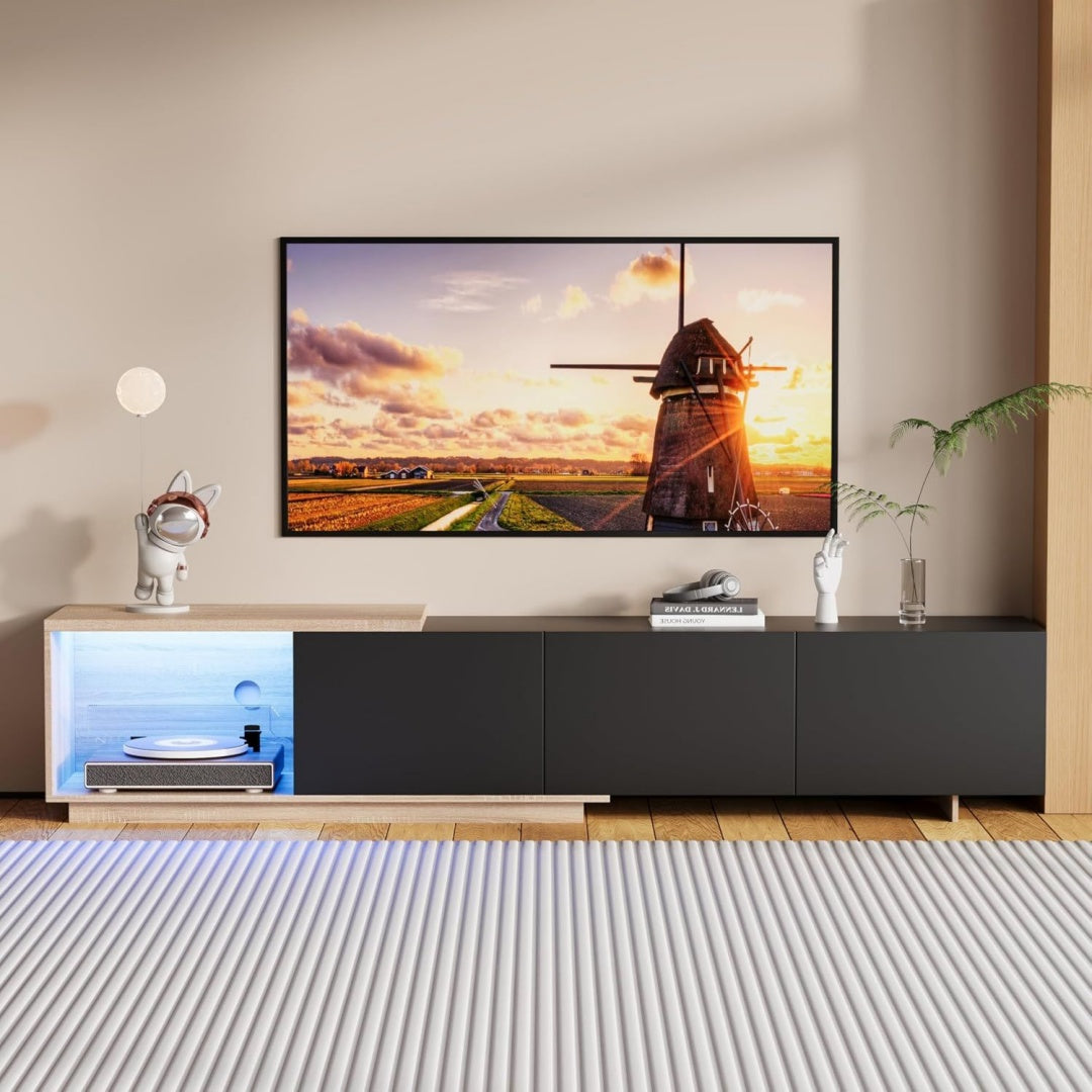 Caractere Scandinave, banc TV gris clair en bois 3 tiroirs