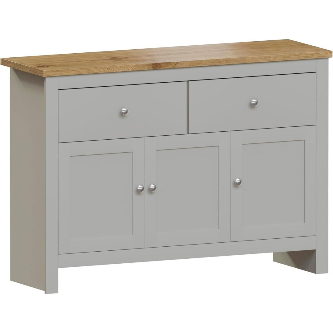 Vaisselier gris avec 2 tiroirs et 3 portes, allure contemporaine