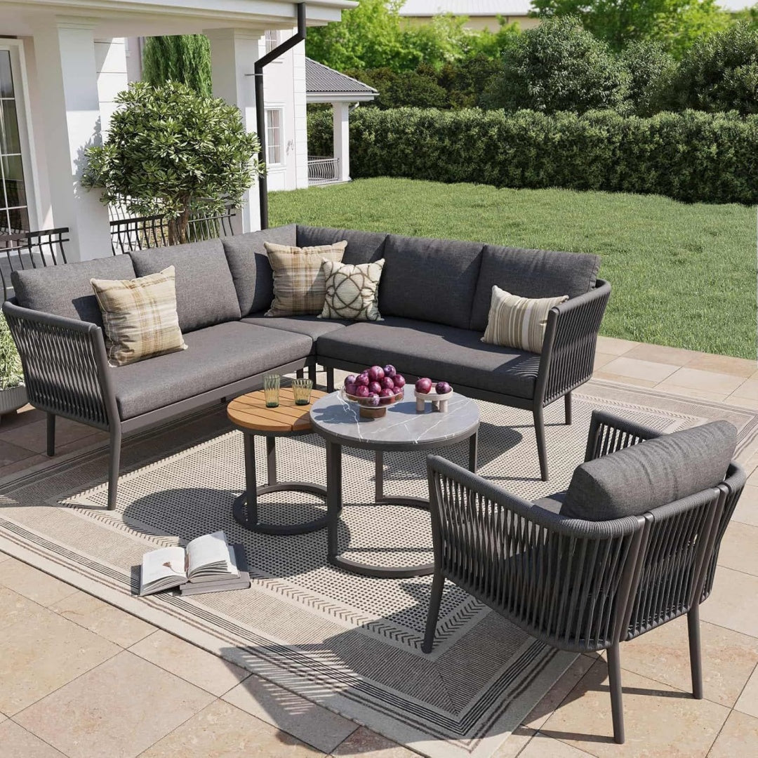 Salon de jardin gris fonce avec coussin rembourre en tissu