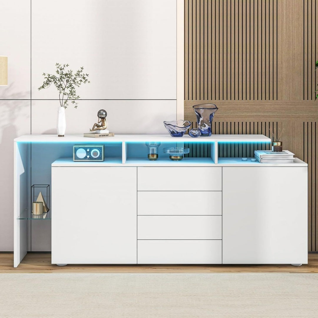 Buffet gris clair eclairage LED 160 cm, a 2 portes 4 tiroirs