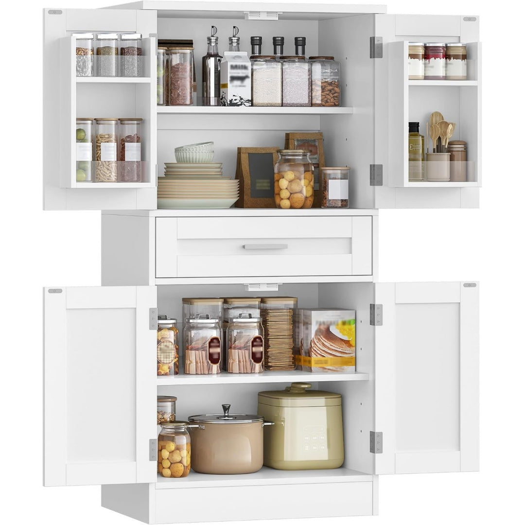 Buffet gris clair fonctionnel securite renforcee 4 portes, 1 tiroir et 4 etageres