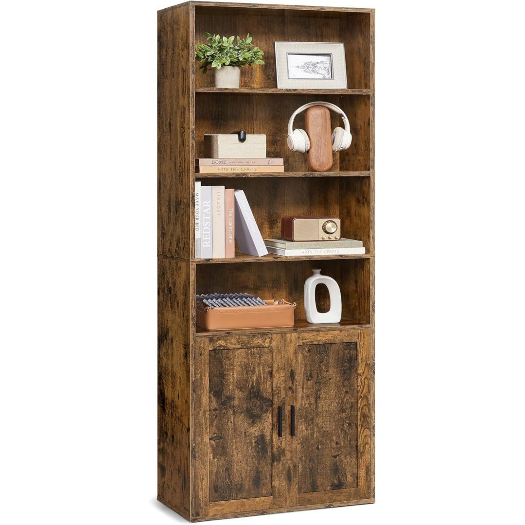 Bibliotheque marron 6 etageres de rangement, MDF finition rustique